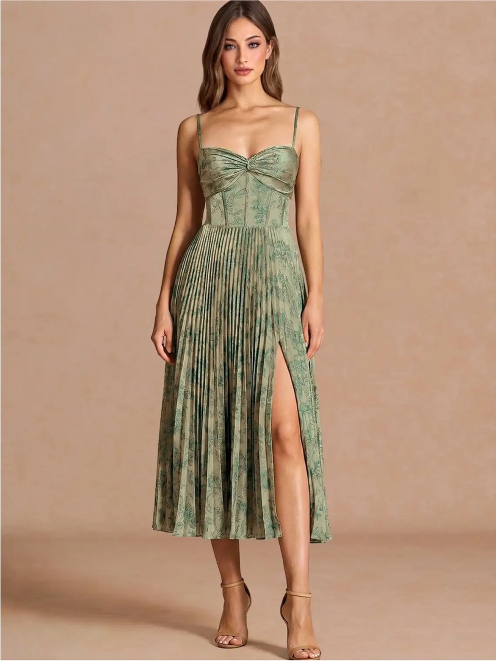 NWT Azazie Atelier Platinum Teal Pleated Midi Dress, Side Slit, Corset Style Top